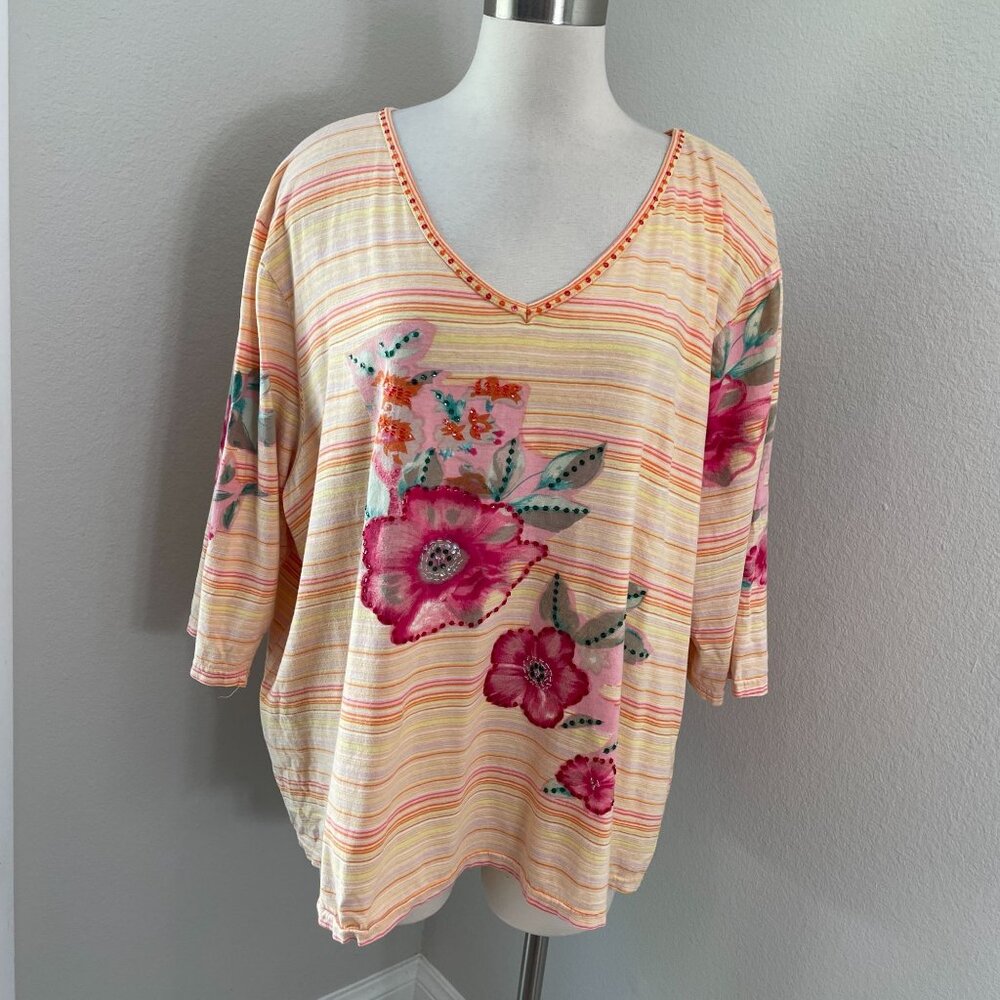 Liz & Me Womens Plus 2X Striped Floral Cotton‎ V Neck Top 3/4 Sleeve Shirt